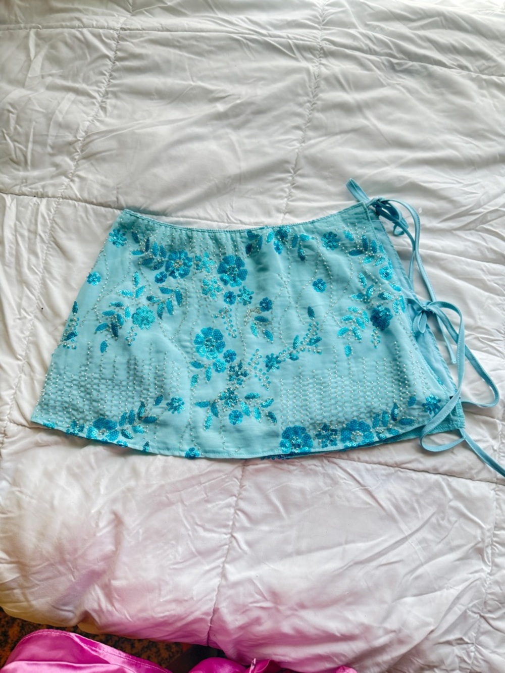 Aqua Floral Sequin Wrap Skirt small